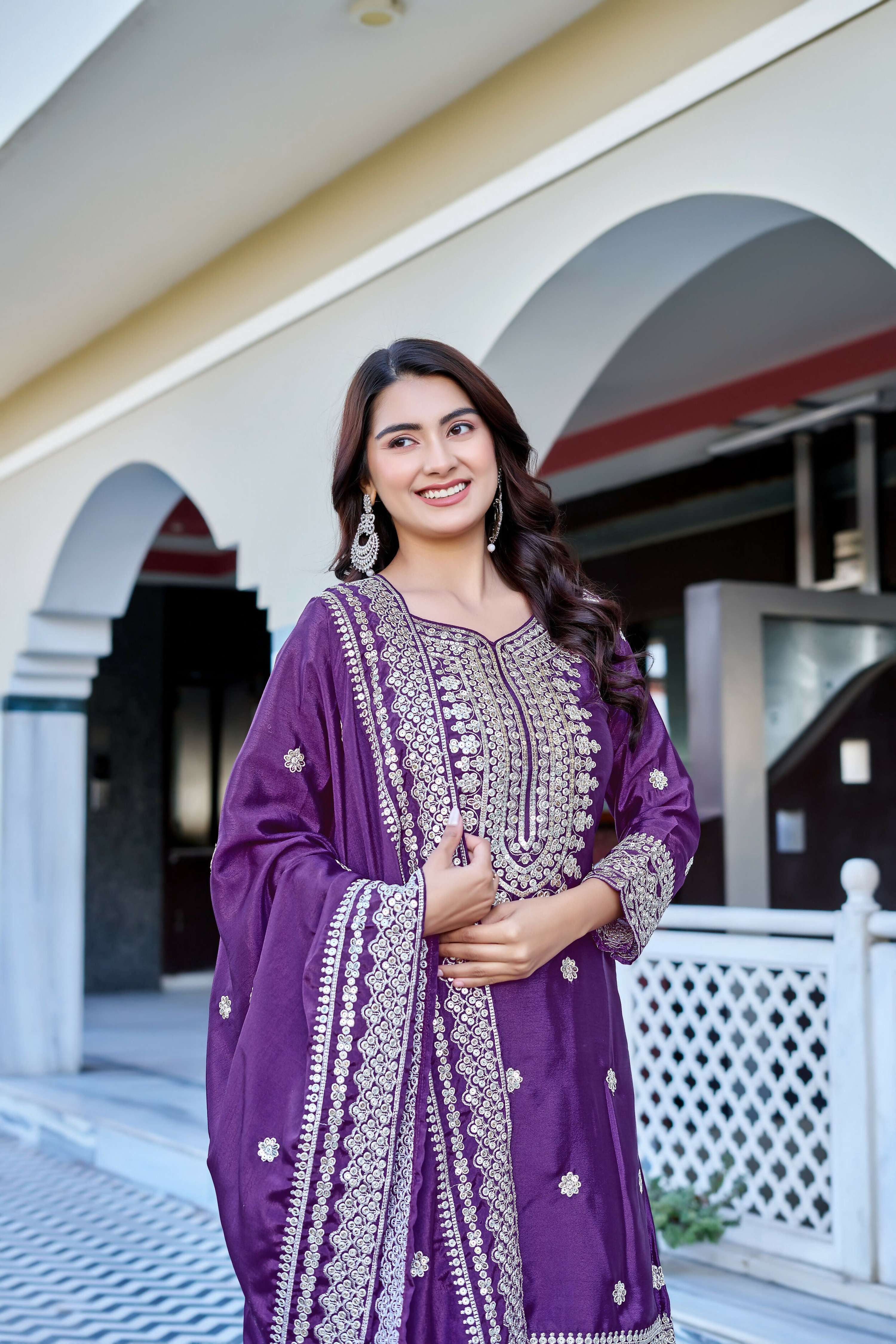 Teeya Creation Wine Color Chinon Silk Heavy Embroidery Work Wedding Wear Sharara - Image 5