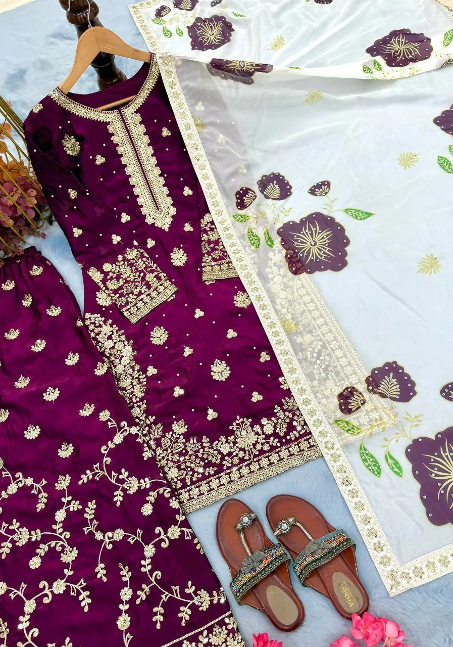 Teeya Creation Wine Fendy Silk Beads Work Designer Wedding Wear Salwar Suit - Image 3