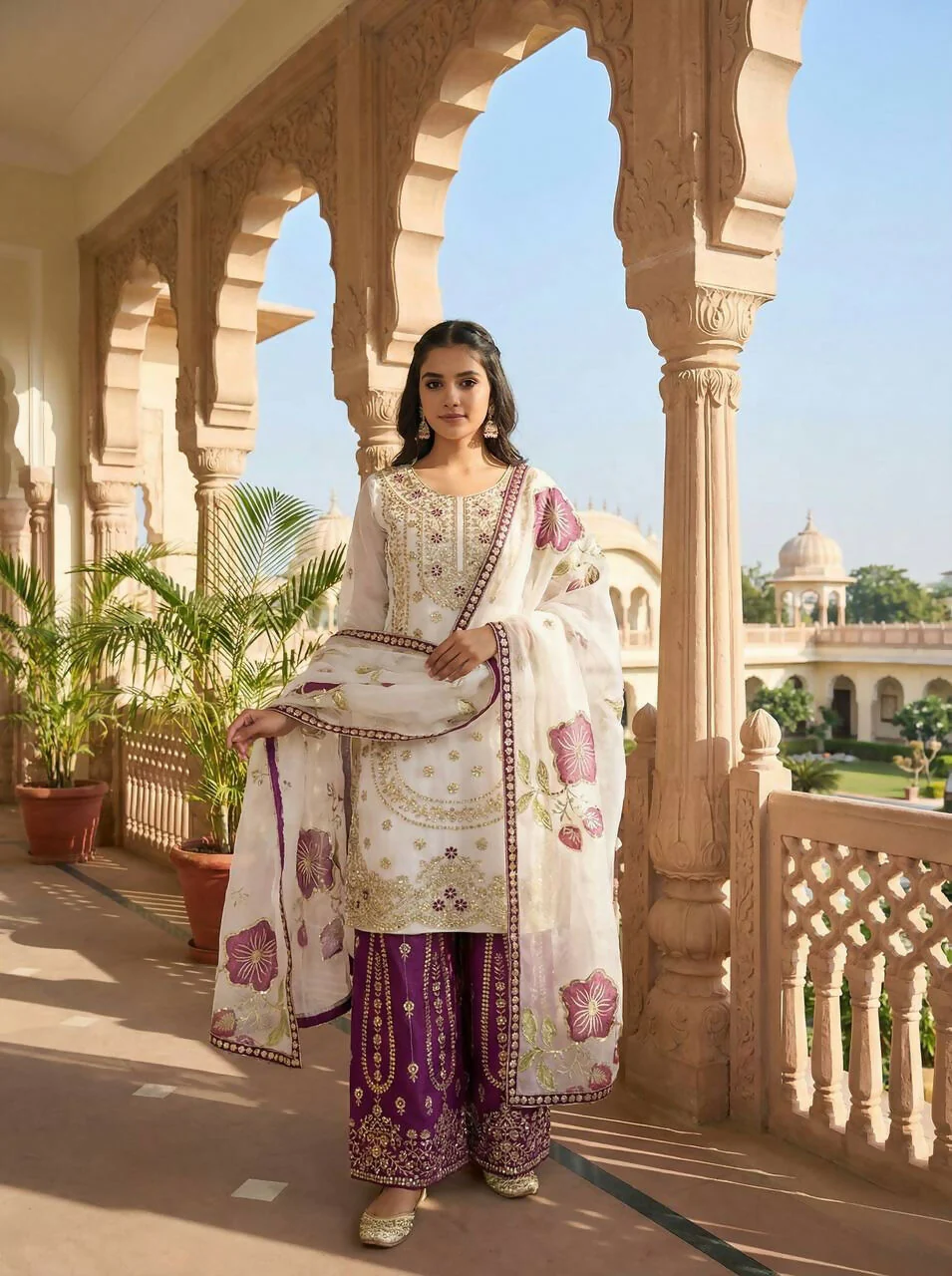 Teeya Creation Wine Gimmy Silk Designer Embroidery Work Wedding Wear Palazzo Pair