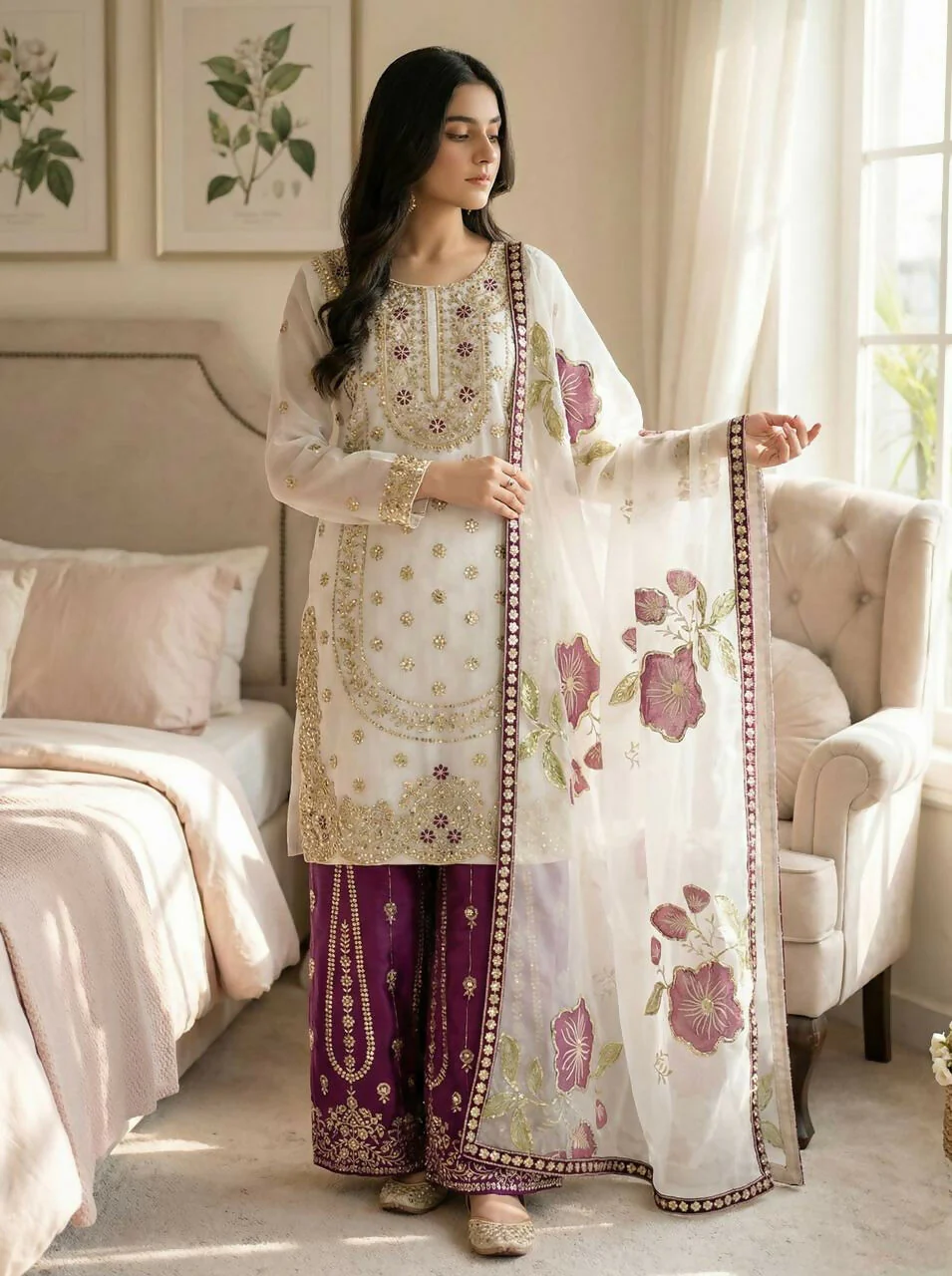 Teeya Creation Wine Gimmy Silk Designer Embroidery Work Wedding Wear Palazzo Pair - Image 2