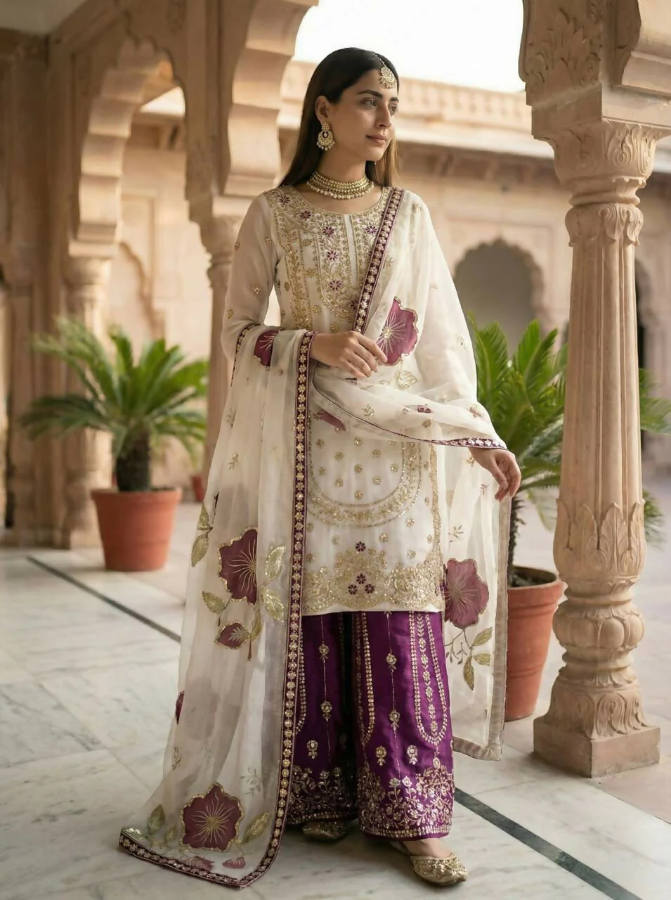 Teeya Creation Wine Gimmy Silk Designer Embroidery Work Wedding Wear Palazzo Pair - Image 3