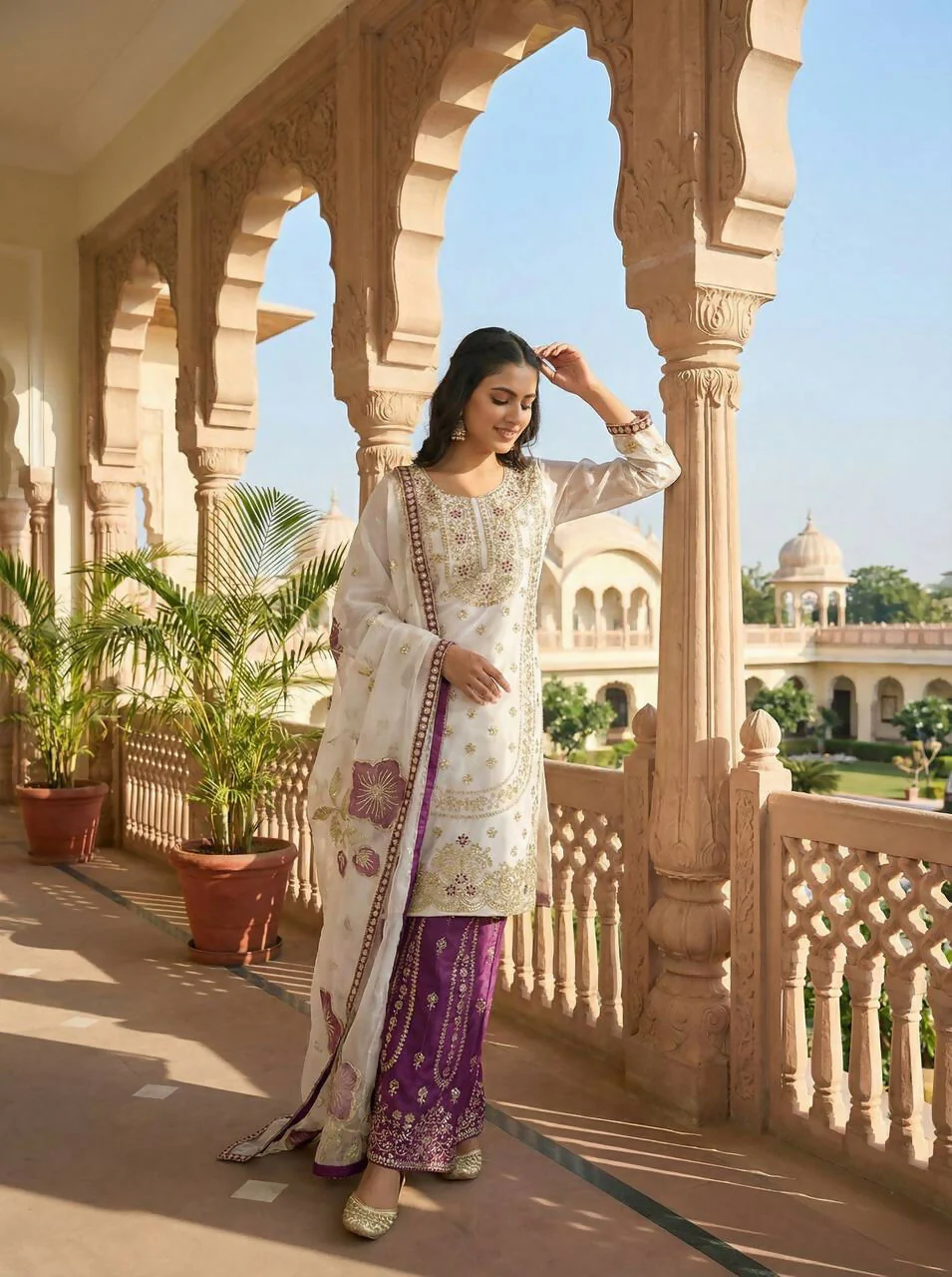 Teeya Creation Wine Gimmy Silk Designer Embroidery Work Wedding Wear Palazzo Pair - Image 4