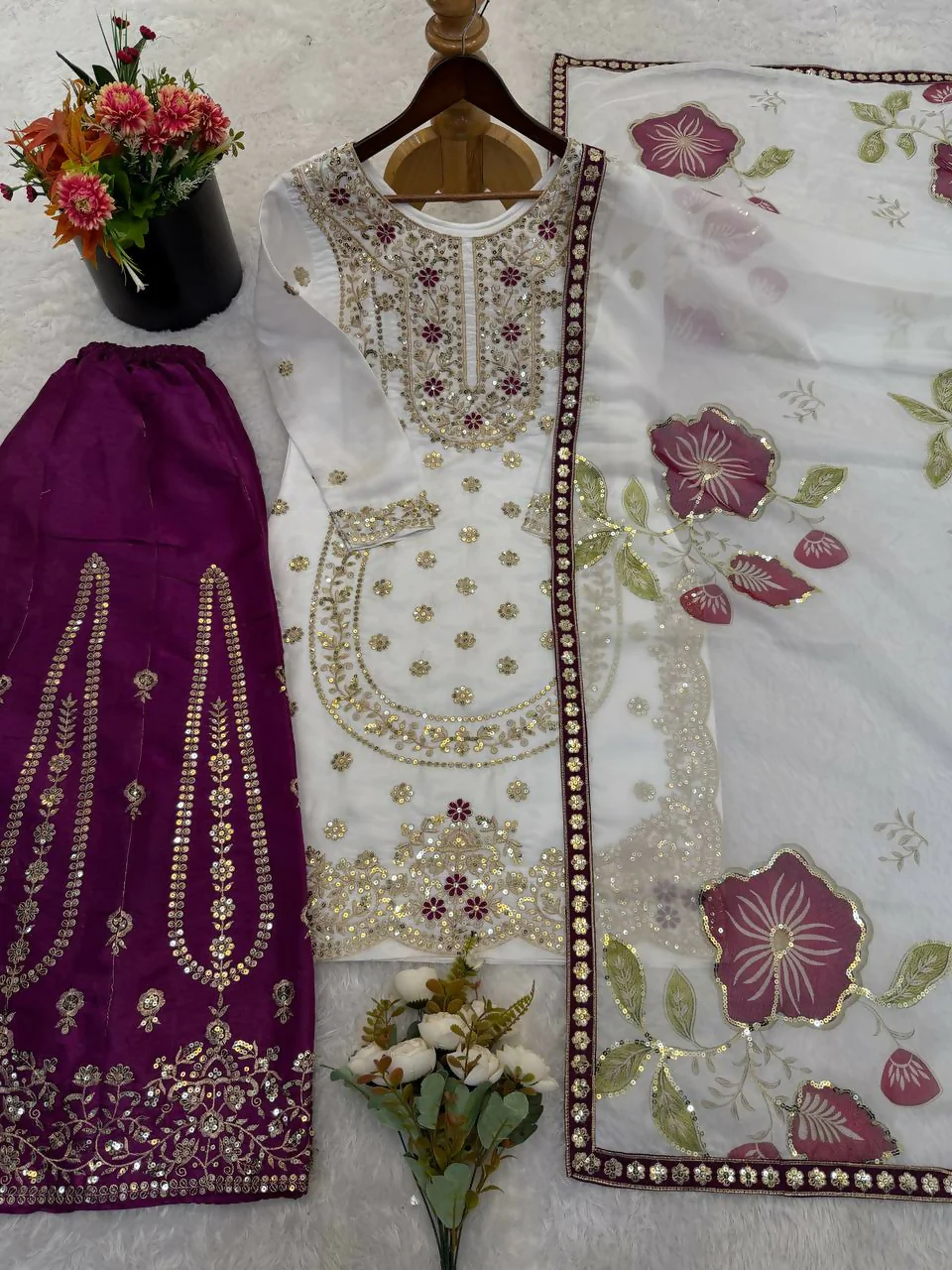Teeya Creation Wine Gimmy Silk Designer Embroidery Work Wedding Wear Palazzo Pair - Image 5
