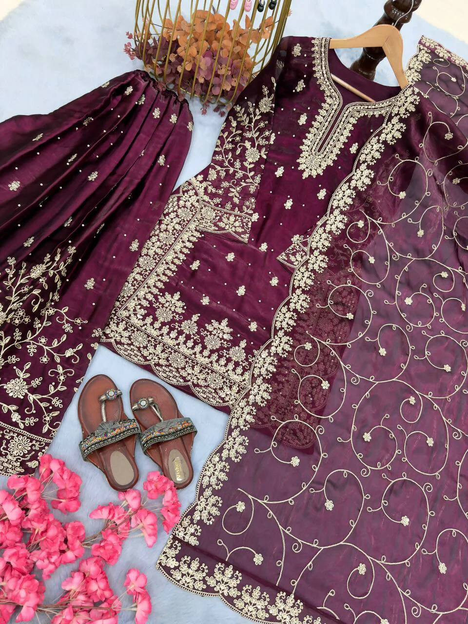 Teeya Creation Wine Pure Silk Gimmy Silk Heavy Embroidery Work Wedding Wear Palazzo Pair - Image 2