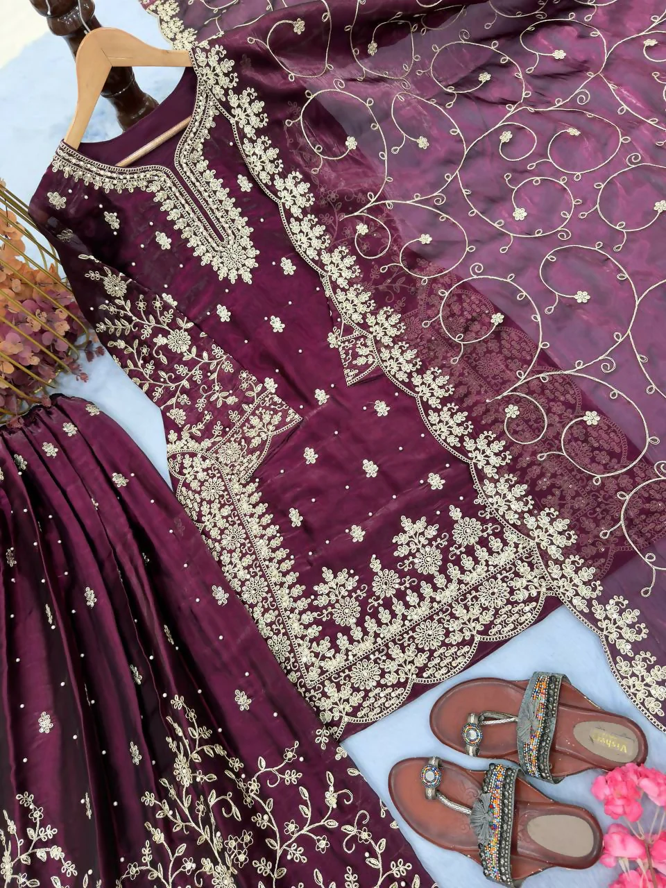 Teeya Creation Wine Pure Silk Gimmy Silk Heavy Embroidery Work Wedding Wear Palazzo Pair - Image 3
