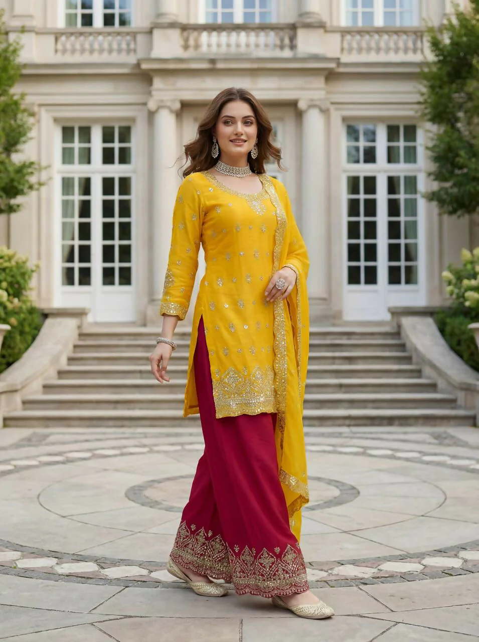 Teeya Creation Yellow Chinon Silk Embroidery Work Party Wear Palazzo Pair - Image 2