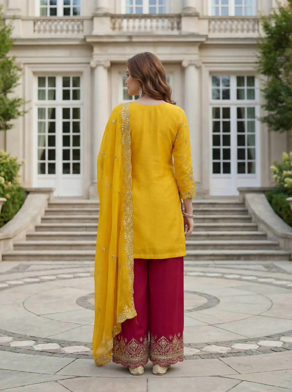 Teeya Creation Yellow Chinon Silk Embroidery Work Party Wear Palazzo Pair - Image 3