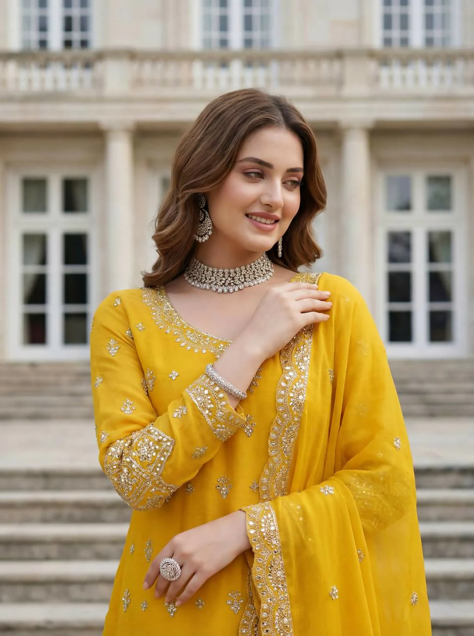 Teeya Creation Yellow Chinon Silk Embroidery Work Party Wear Palazzo Pair - Image 4