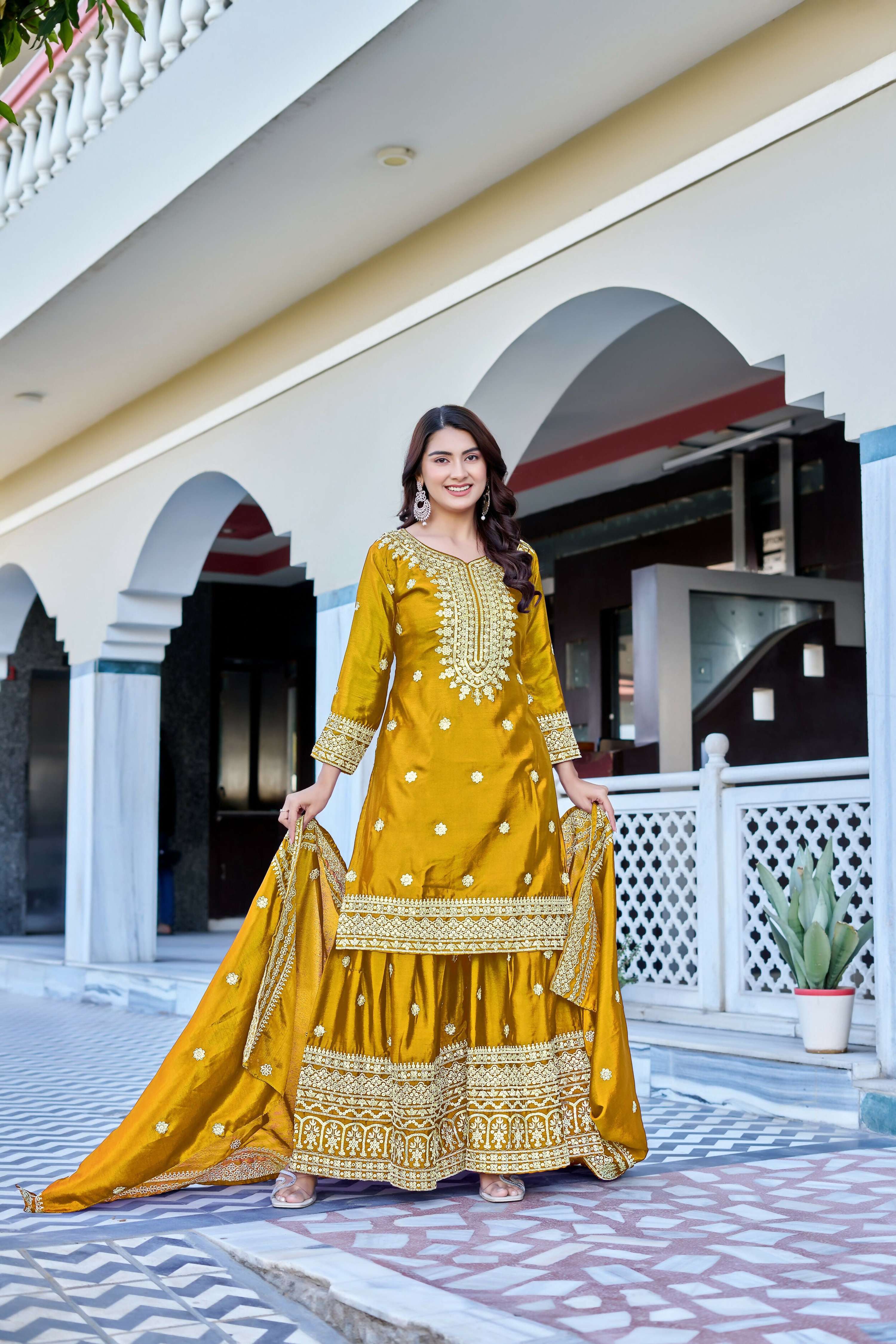 Teeya Creation Yellow Color Chinon Silk Heavy Embroidery Work Wedding Wear Sharara - Image 2