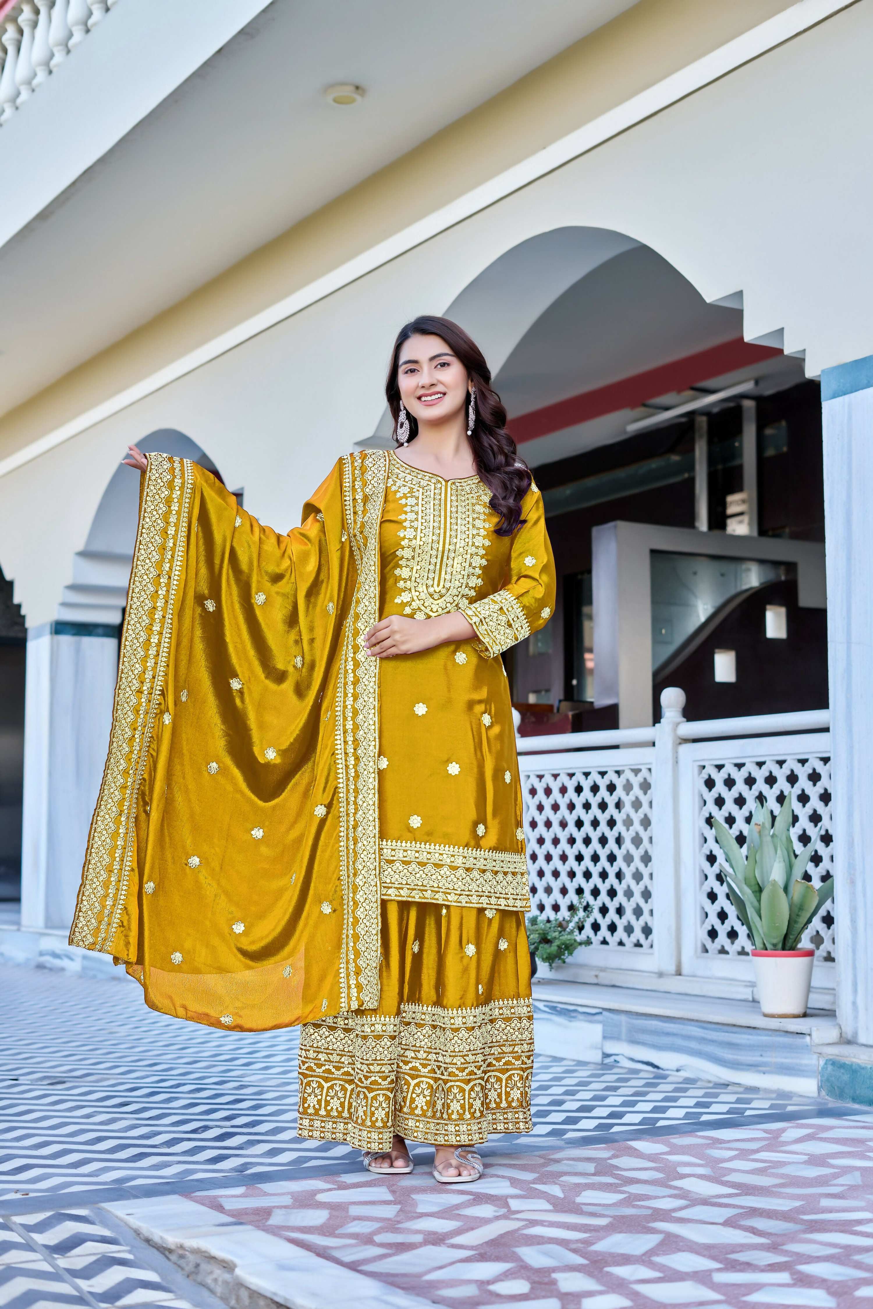 Teeya Creation Yellow Color Chinon Silk Heavy Embroidery Work Wedding Wear Sharara - Image 3