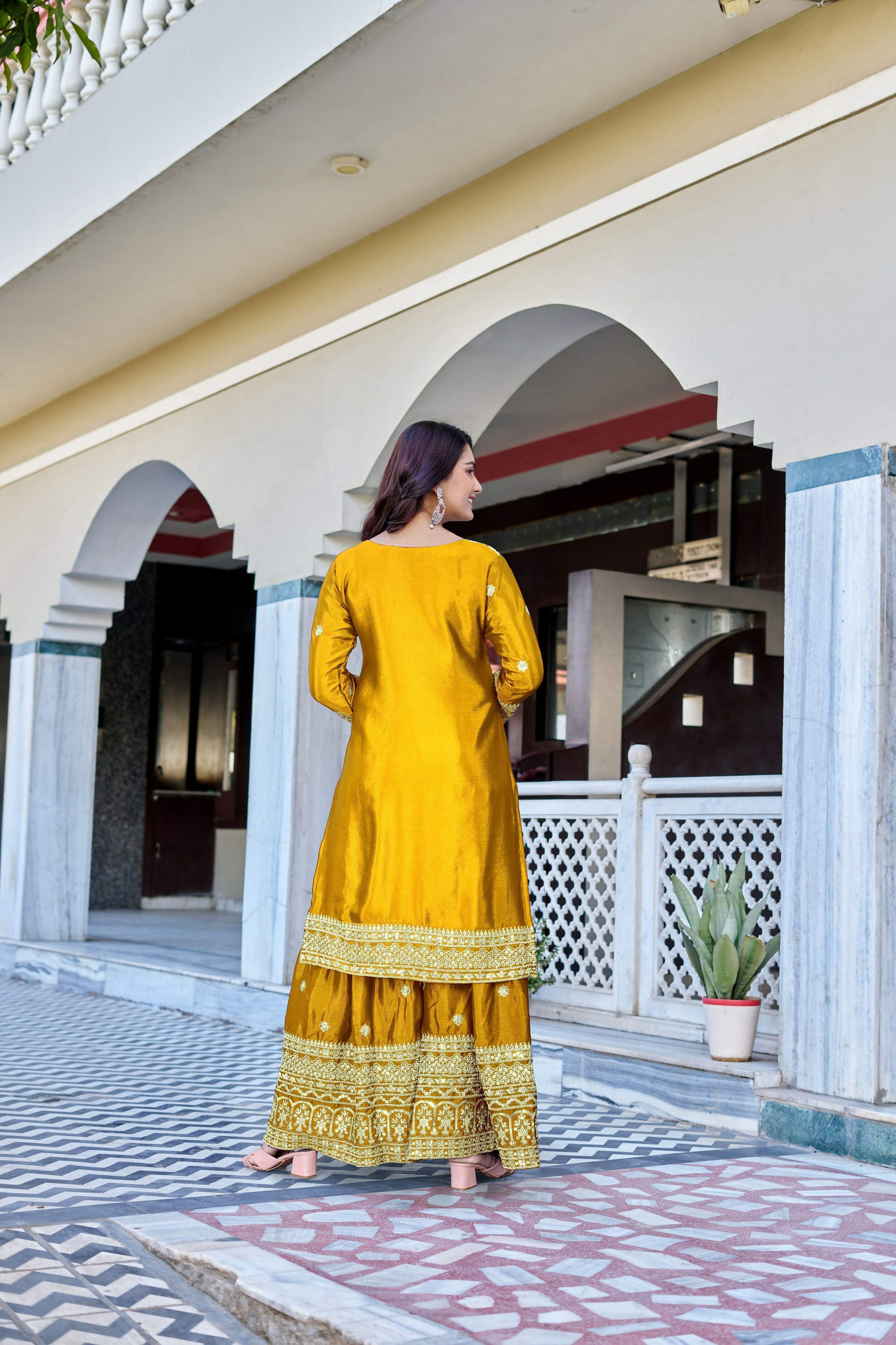 Teeya Creation Yellow Color Chinon Silk Heavy Embroidery Work Wedding Wear Sharara - Image 4