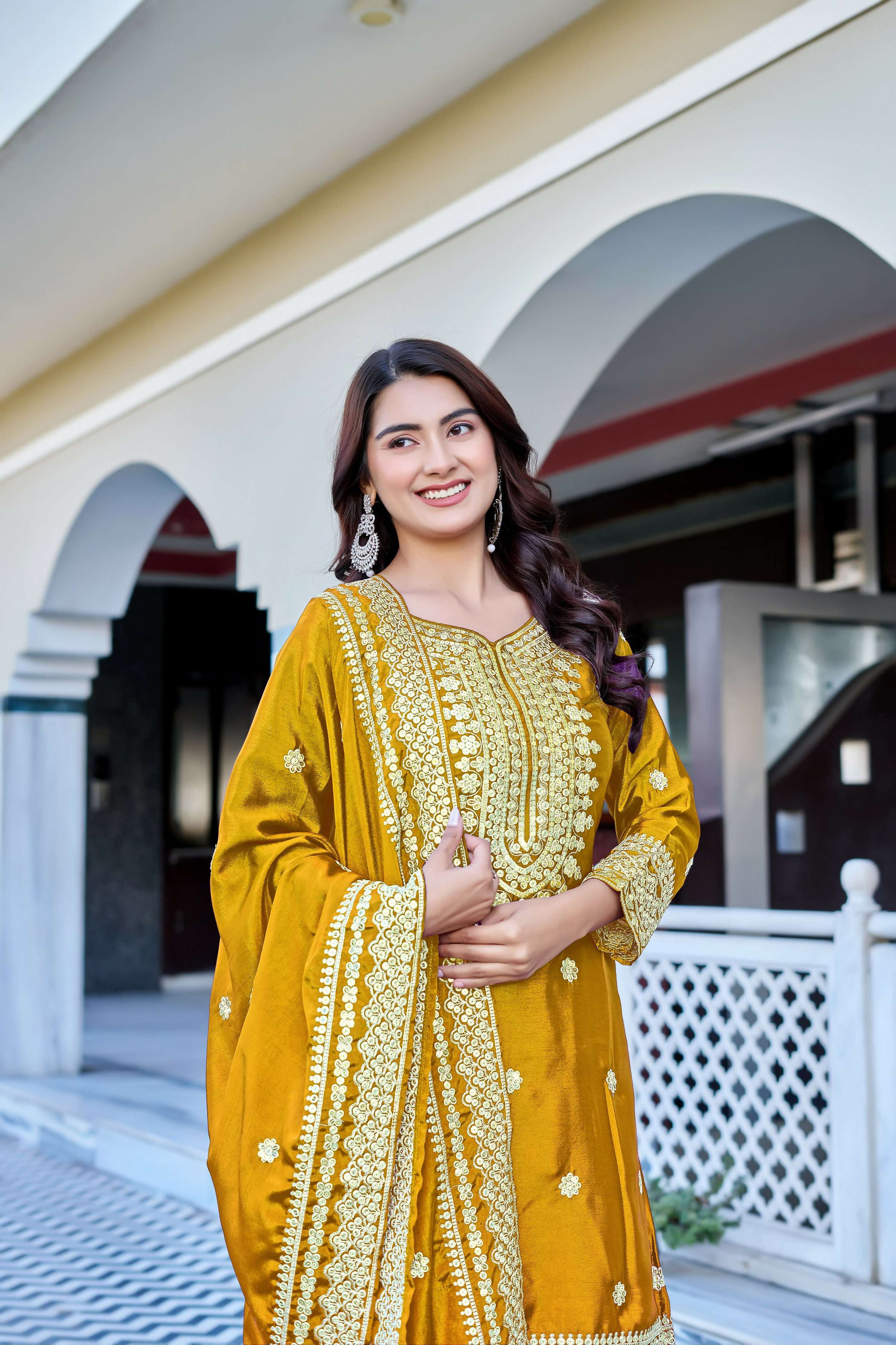 Teeya Creation Yellow Color Chinon Silk Heavy Embroidery Work Wedding Wear Sharara - Image 5