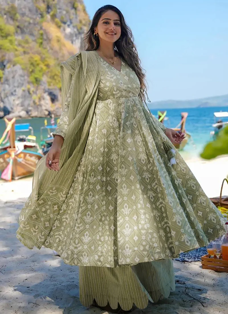 Vegaa Fashion Baby Green Pure Muslin Digital Printed Designer Salwar Suit - Image 2