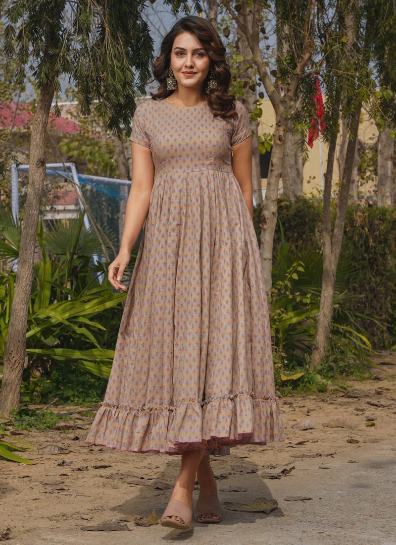 Vegaa Fashion Beige Rayon Digital Print Designer Gown For Festive - Image 2
