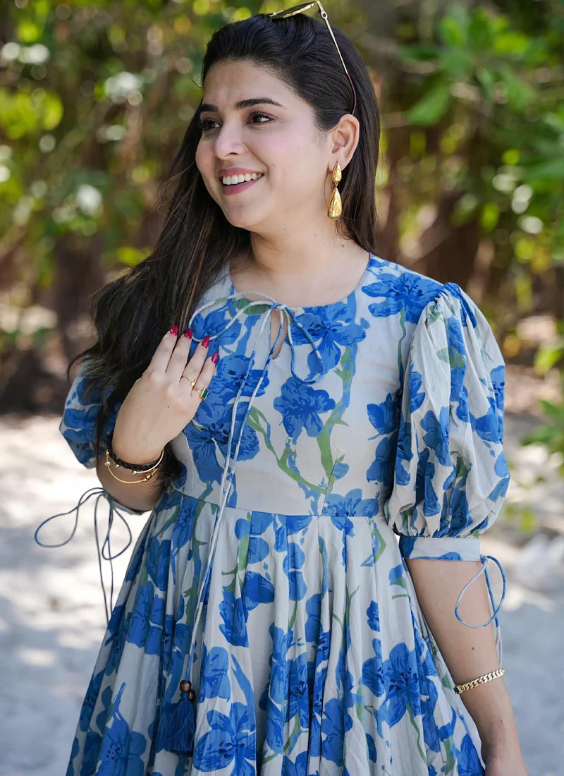 Vegaa Fashion Blue Rayon Digital Print Designer Western Gown - Image 2