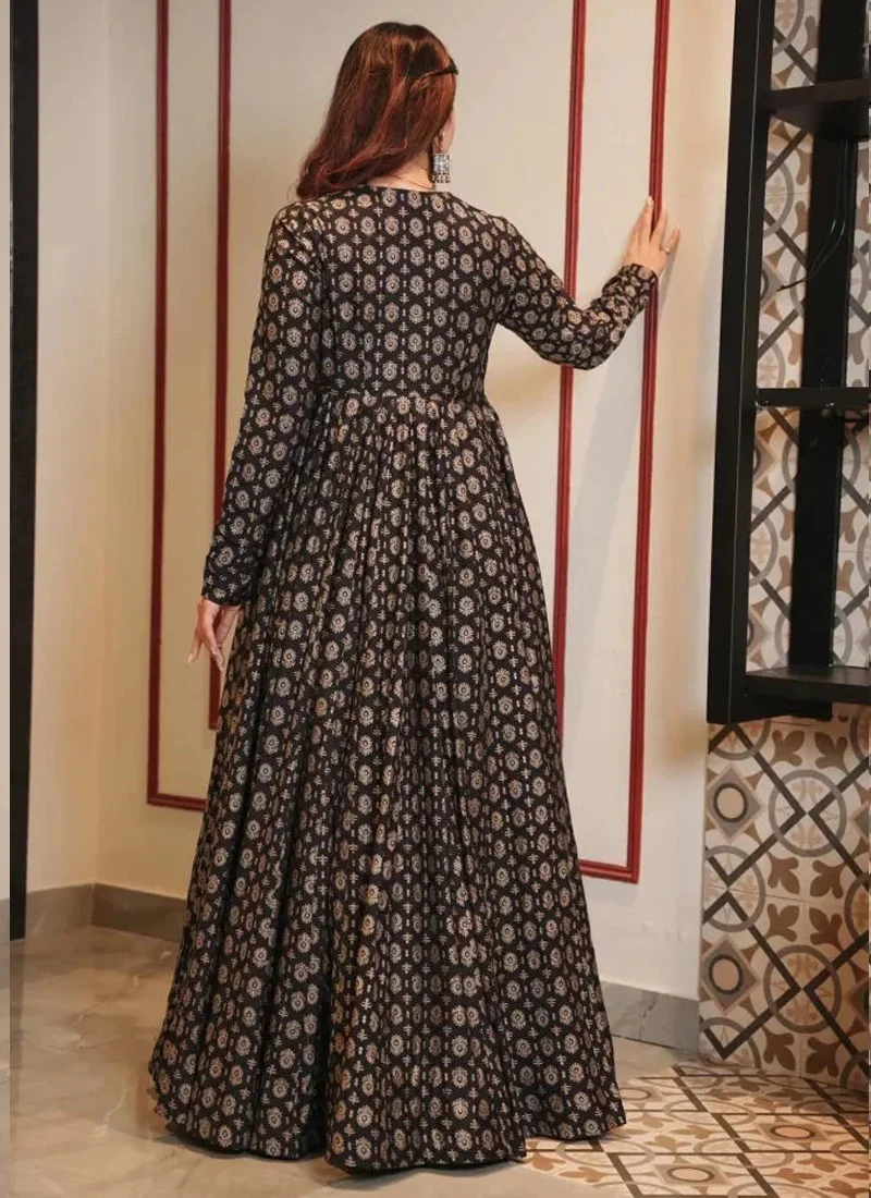 Vegaa Fashion Coal Black Muslin Digital Print Indo Western Gown For Wedding - Image 3