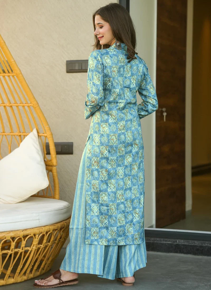 Vegaa Fashion Electric Blue Muslin Digital Print Designer Kurti Pant - Image 2