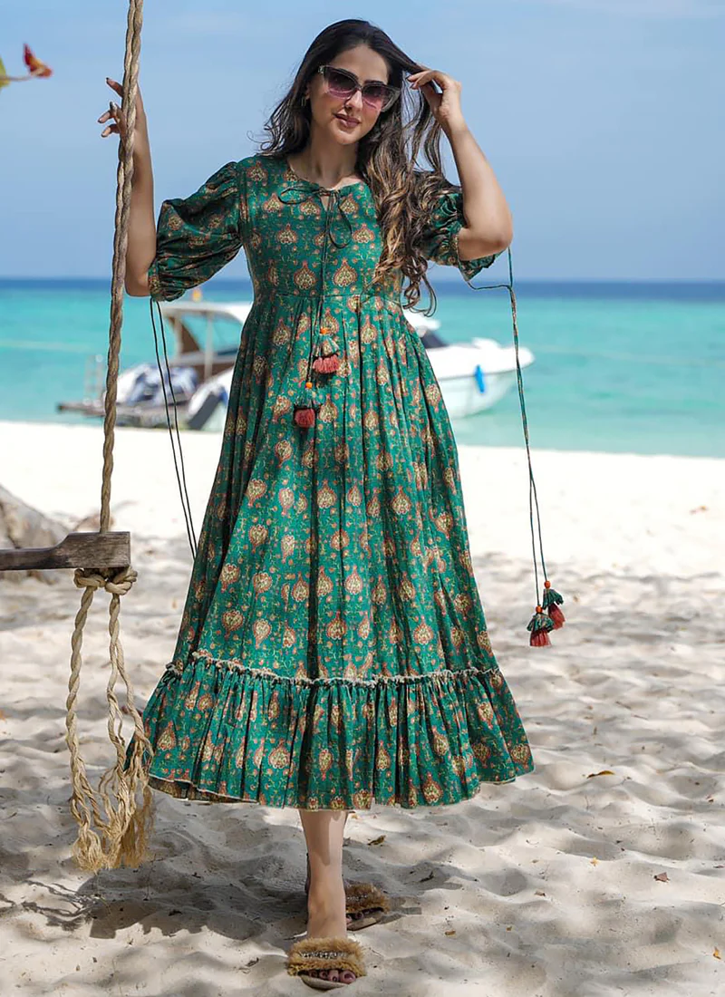 Vegaa Fashion Green Rayon Digital Print Designer Gown For Festive