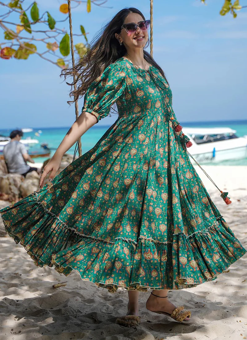 Vegaa Fashion Green Rayon Digital Print Designer Gown For Festive - Image 2