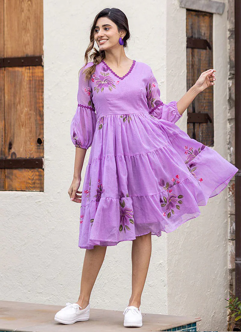 Vegaa Fashion Lavender Rayon Kota Checks Digital Print Kurti - Image 3