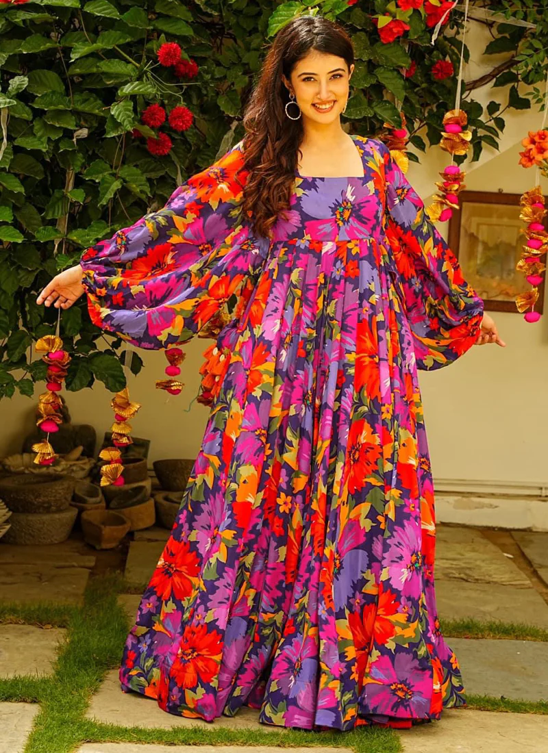 Vegaa Fashion Multi Color Georgette Digital Print Designer Gown For Festive - Image 2