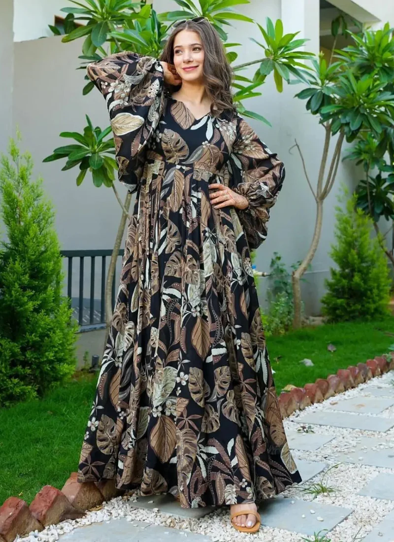 Vegaa Fashion Multi Color Heavy Air Tex Chinon Silk Digital Print Designer Gown - Image 3