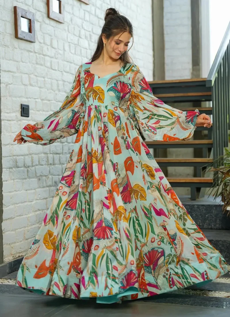 Vegaa Fashion Multi Color Heavy Air Tex Chinon Silk Digital Print Designer Gown - Image 2