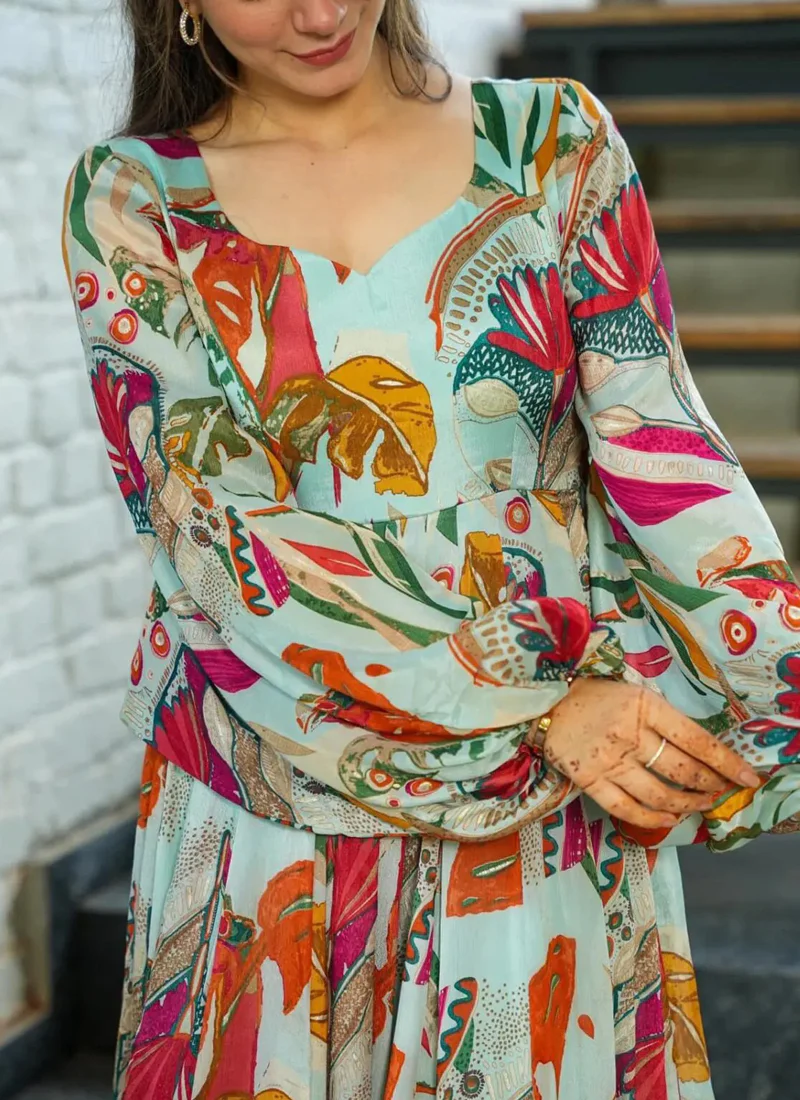 Vegaa Fashion Multi Color Heavy Air Tex Chinon Silk Digital Print Designer Gown - Image 3