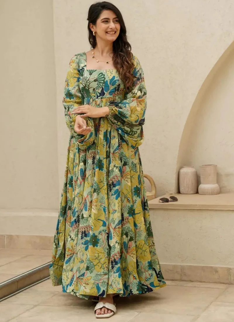 Vegaa Fashion Multi Color Heavy Air Tex Chinon Silk Digital Print Designer Gown - Image 2
