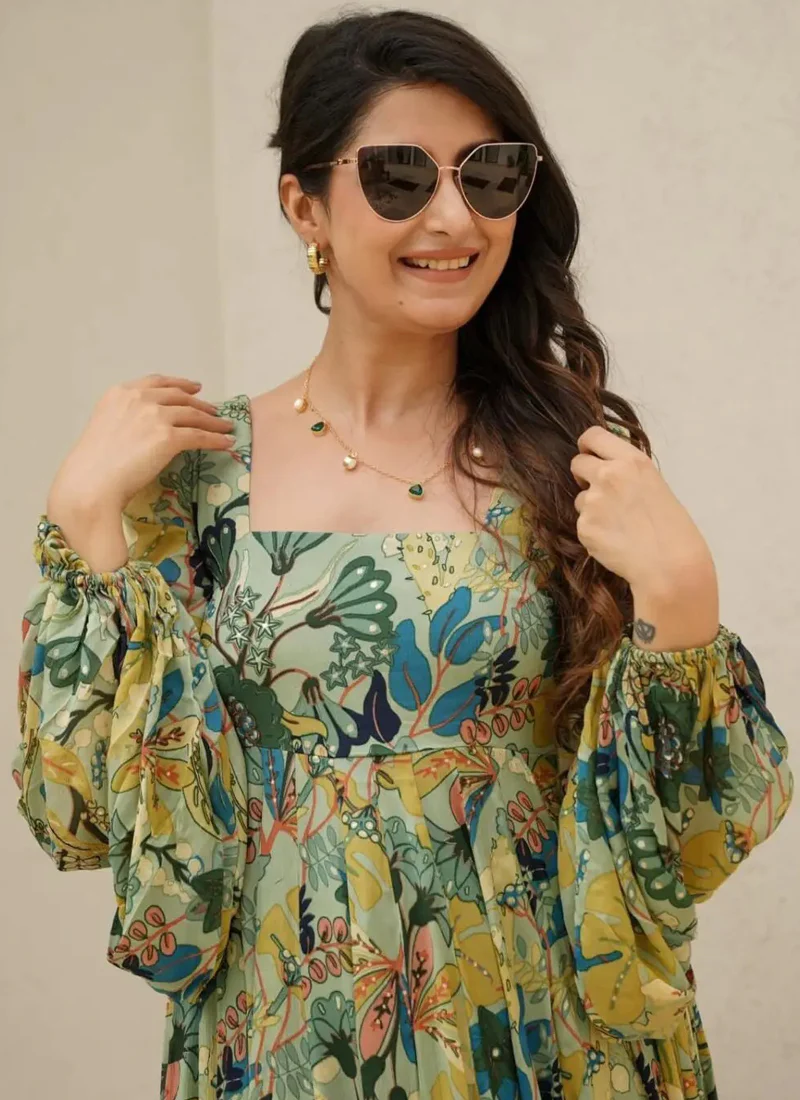 Vegaa Fashion Multi Color Heavy Air Tex Chinon Silk Digital Print Designer Gown - Image 3