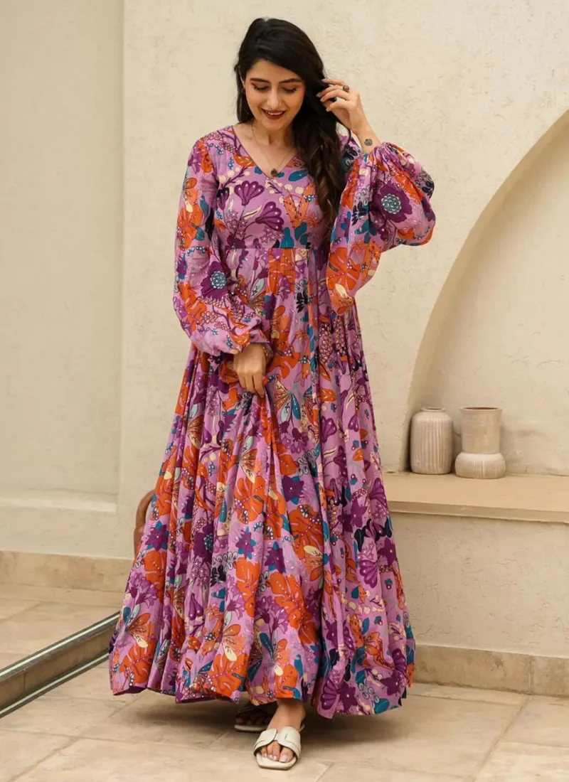 Vegaa Fashion Multi Color Heavy Air Tex Chinon Silk Digital Print Designer Gown - Image 2