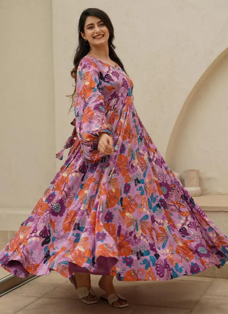 Vegaa Fashion Multi Color Heavy Air Tex Chinon Silk Digital Print Designer Gown - Image 3