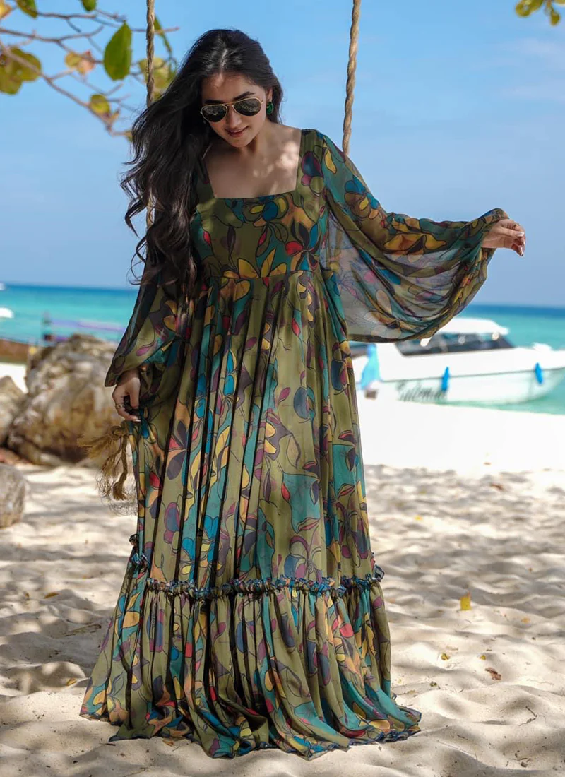 Vegaa Fashion Multi Color Heavy Air Tex Chinon Silk Digital Print Designer Gown - Image 2