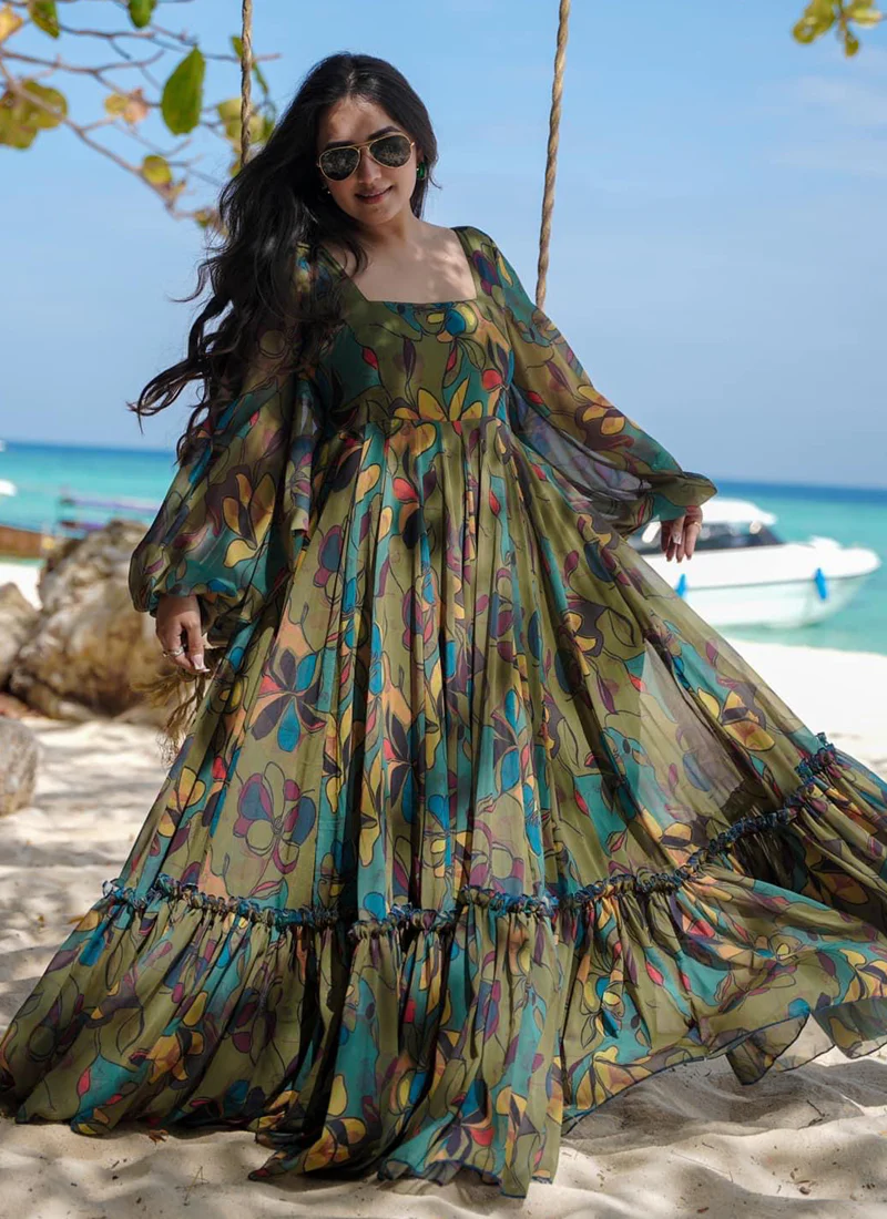 Vegaa Fashion Multi Color Heavy Air Tex Chinon Silk Digital Print Designer Gown - Image 3