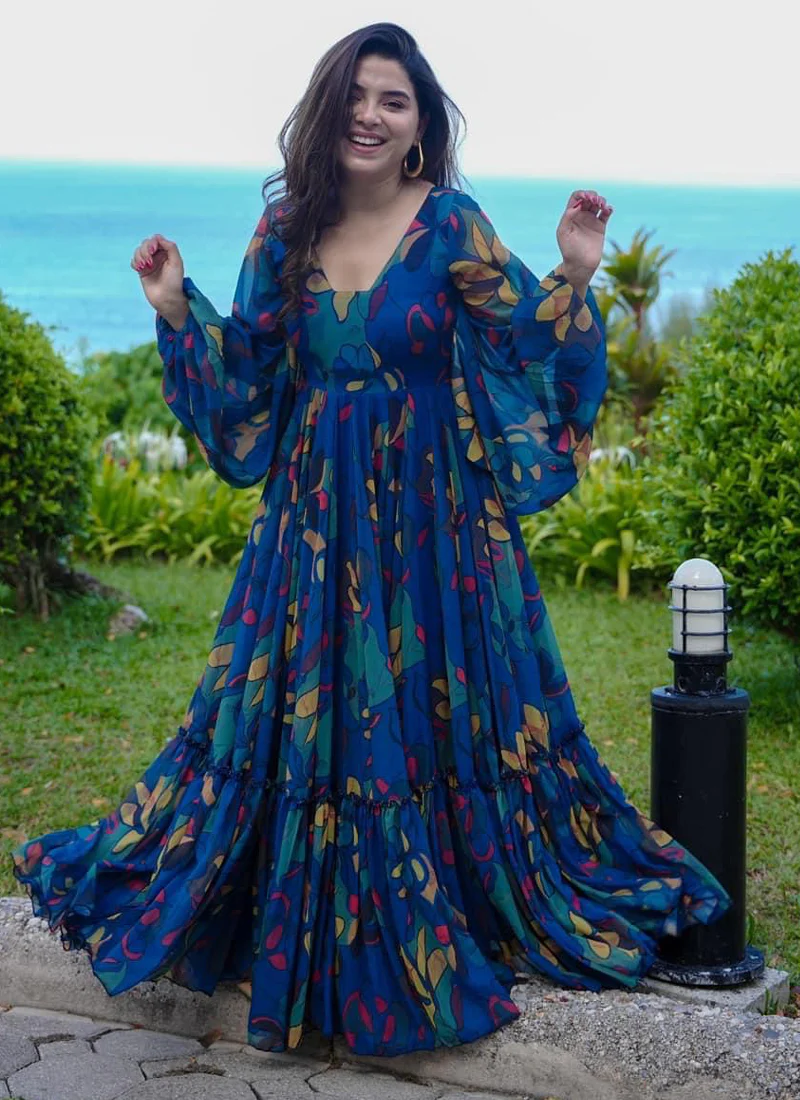 Vegaa Fashion Multi Color Heavy Air Tex Chinon Silk Digital Print Designer Gown