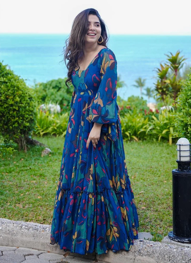 Vegaa Fashion Multi Color Heavy Air Tex Chinon Silk Digital Print Designer Gown - Image 2