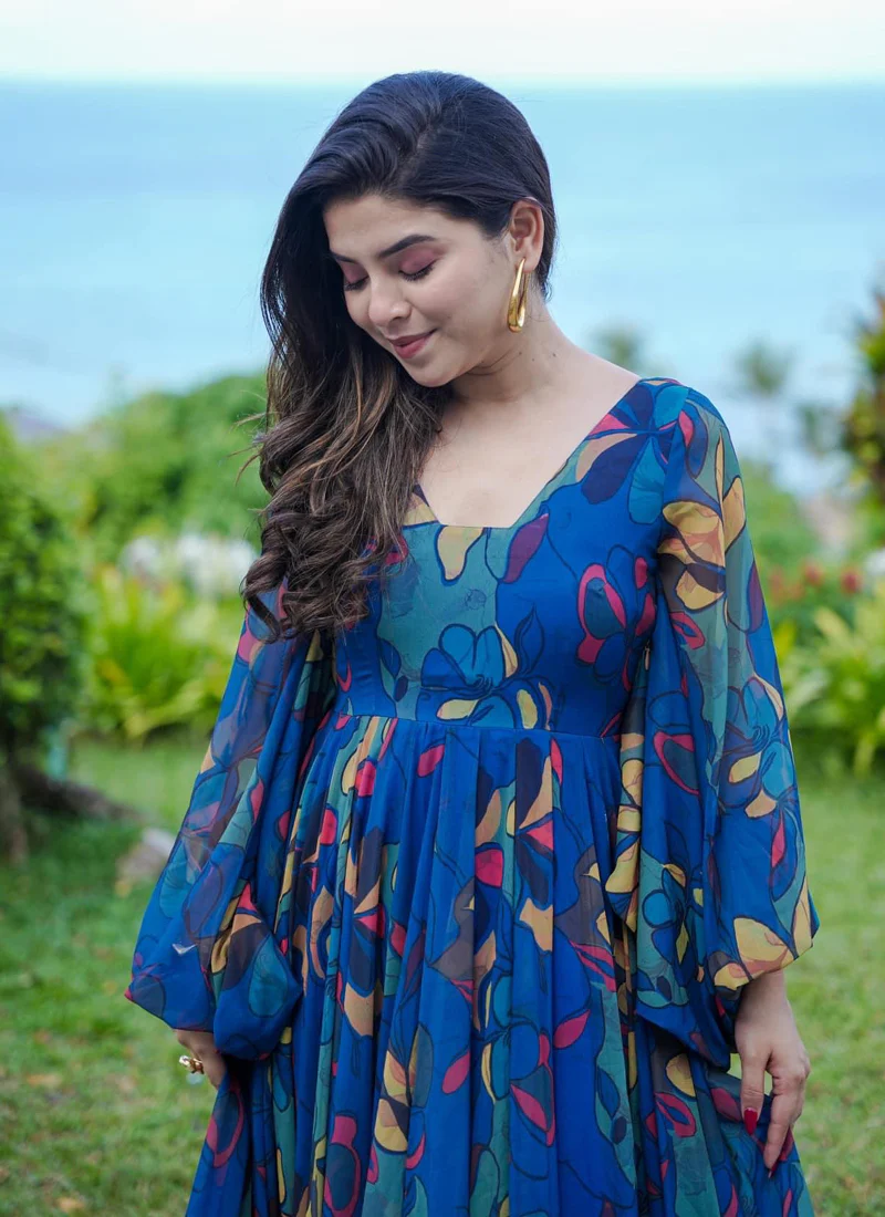 Vegaa Fashion Multi Color Heavy Air Tex Chinon Silk Digital Print Designer Gown - Image 3