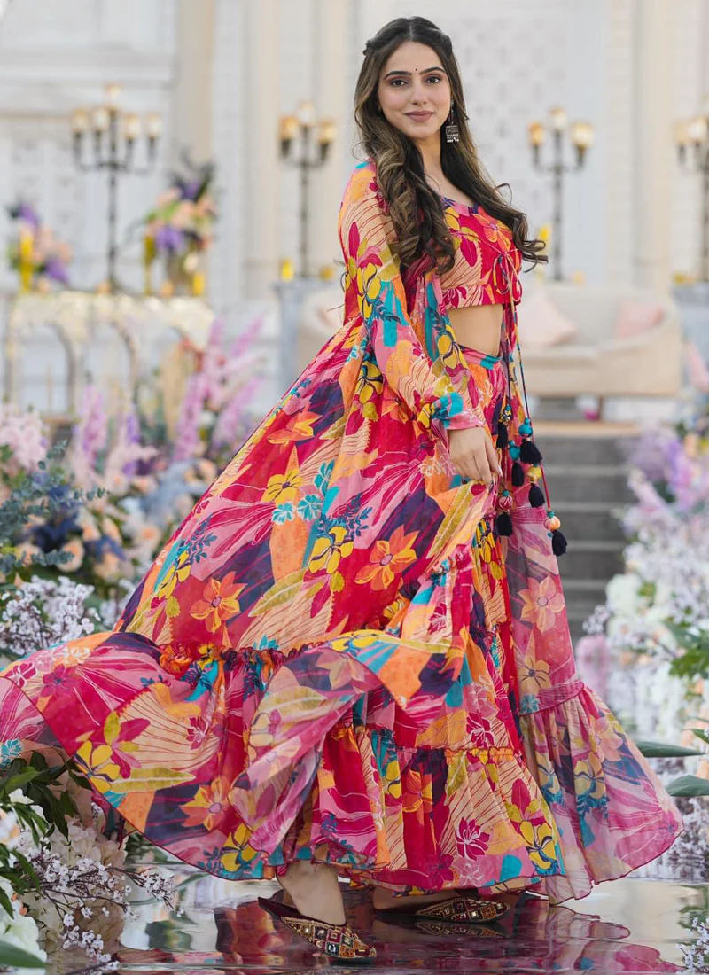 Vegaa Fashion Multicolor Chinon Silk Digital Print Palazzo With Shrug Indo Western Suit - Image 2