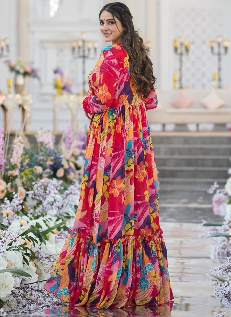 Vegaa Fashion Multicolor Chinon Silk Digital Print Palazzo With Shrug Indo Western Suit - Image 3