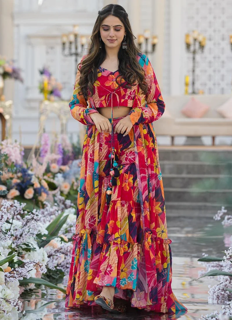 Vegaa Fashion Multicolor Chinon Silk Digital Print Palazzo With Shrug Indo Western Suit - Image 4