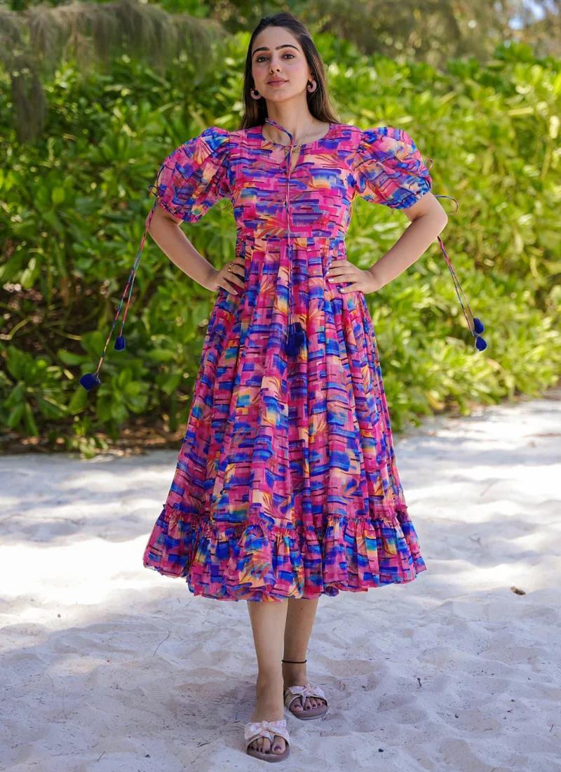 Vegaa Fashion Multicolor Rayon Digital Print Designer Gown For Festive