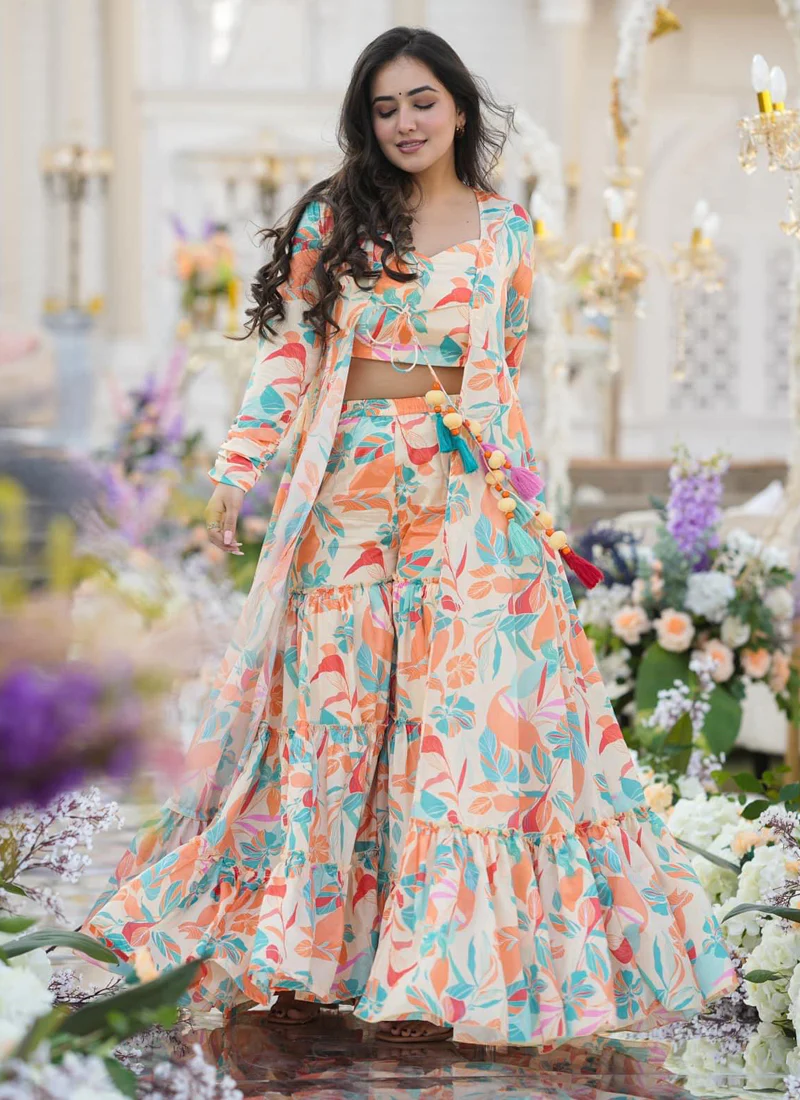 Vegaa Fashion Off White Chinon Silk Digital Print Palazzo With Shrug Indo Western Suit - Image 2
