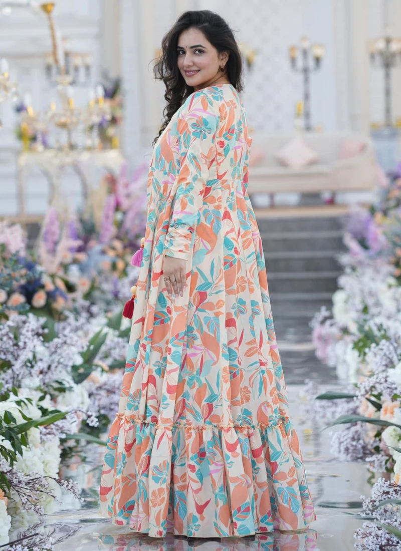 Vegaa Fashion Off White Chinon Silk Digital Print Palazzo With Shrug Indo Western Suit - Image 3