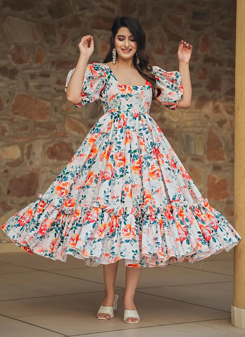 Vegaa Fashion Off White Rayon Digital Print Designer Gown For Festive - Image 2