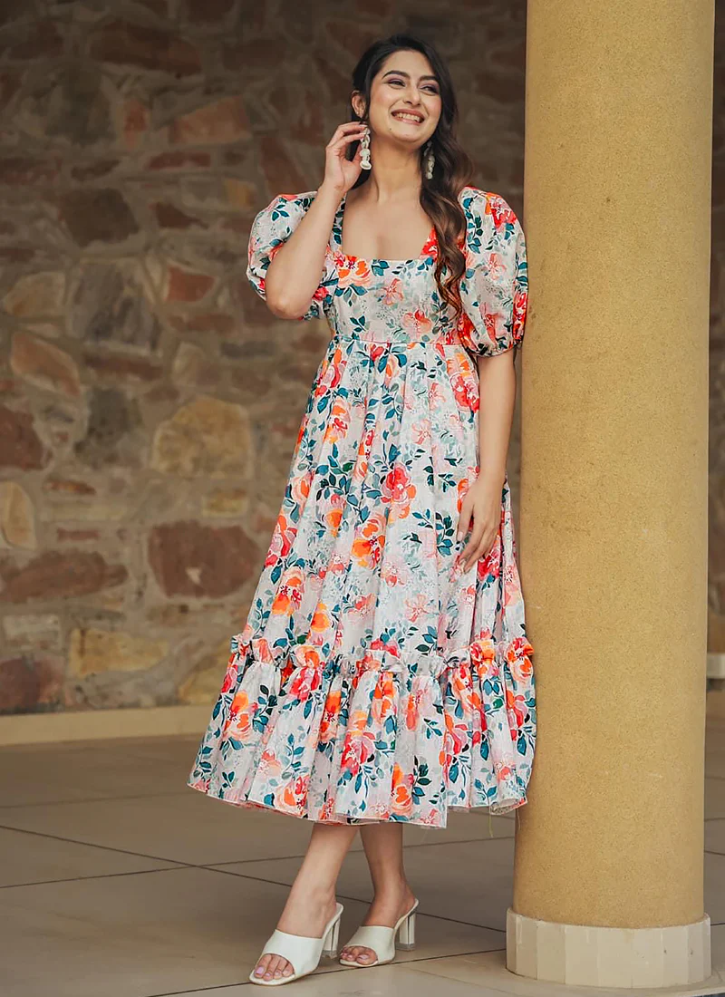 Vegaa Fashion Off White Rayon Digital Print Designer Gown For Festive - Image 3