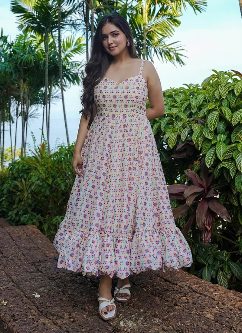 Vegaa Fashion Off White Rayon Digital Print Designer Gown For Festive