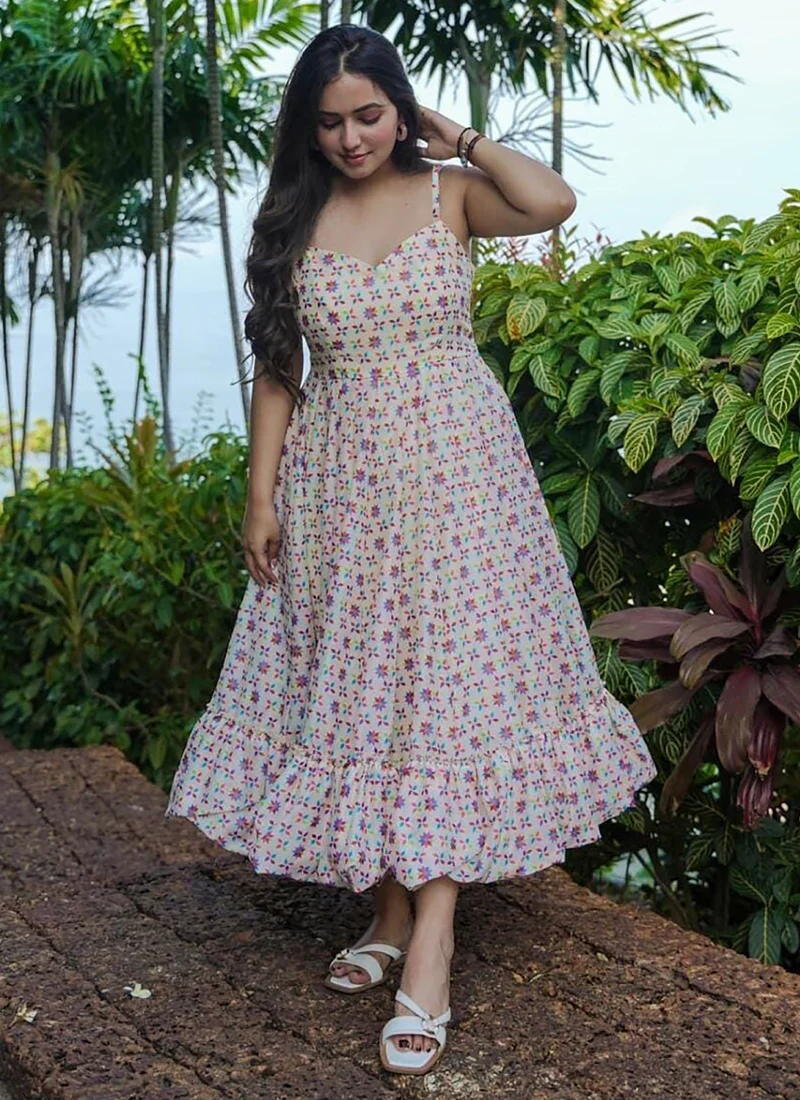 Vegaa Fashion Off White Rayon Digital Print Designer Gown For Festive - Image 2