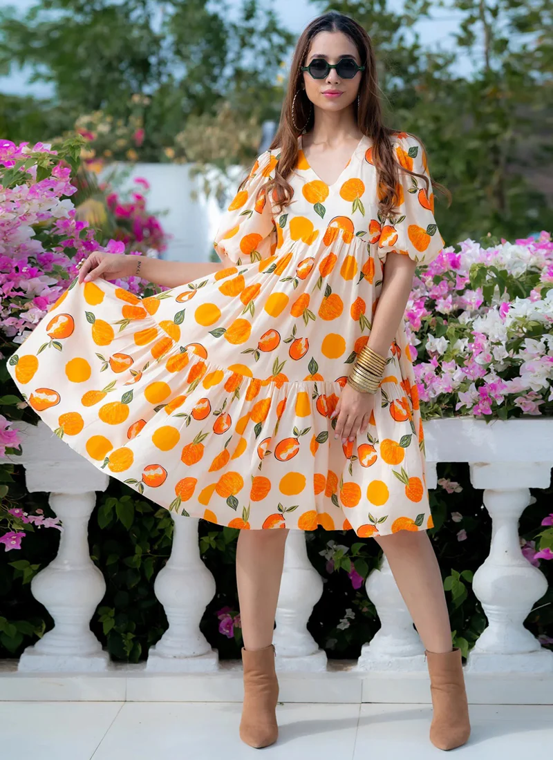 Vegaa Fashion Off White Rayon Digital Print Designer Western Gown