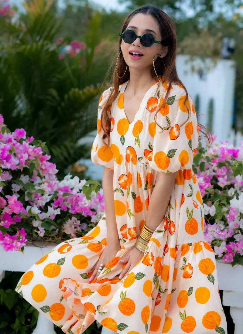 Vegaa Fashion Off White Rayon Digital Print Designer Western Gown - Image 2