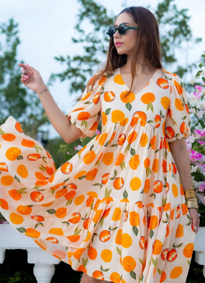 Vegaa Fashion Off White Rayon Digital Print Designer Western Gown - Image 3